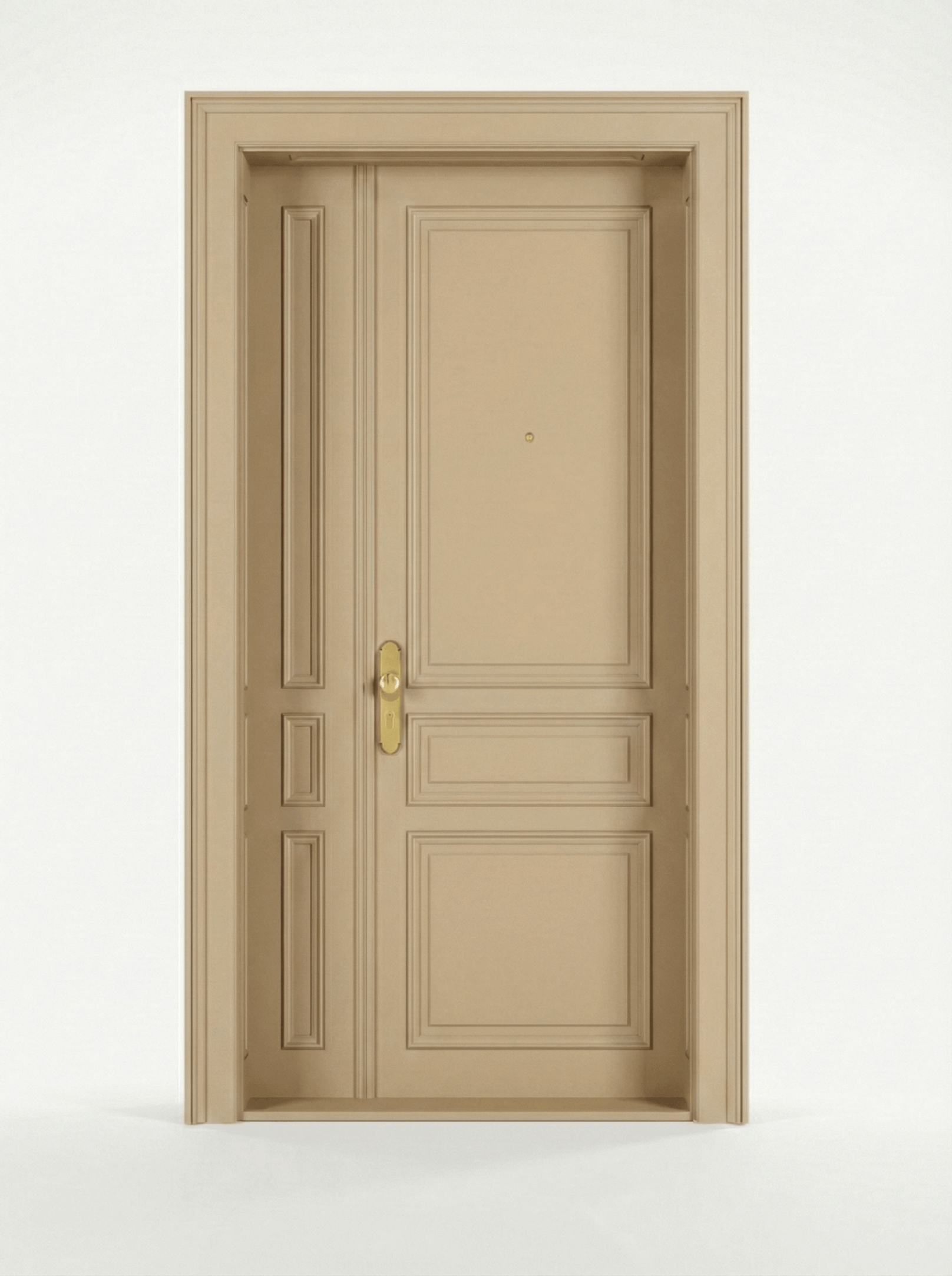 Zweiflügelige BULL Sicherheitstür in Beige mit Kassettenfüllungen im Alt-Wien Stil und Türbeschlag aus Messing.
