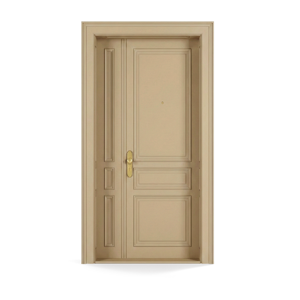 Zweiflügelige beige Sicherheitstür mit rechteckigen Zierfeldern und goldenem Türgriff.